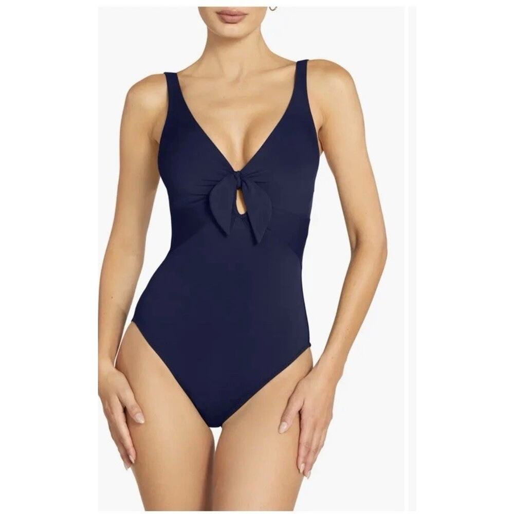 Robin Piccone Ava Plunge Neck Tie-Front One Piece Swimsuit Sz 6 Navy Blue NWT